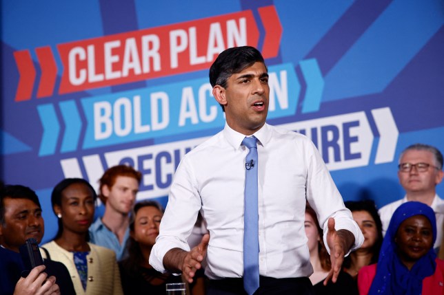 Rishi Sunak delivers a speech on June 24, 2024 in central London, as part of a Conservative campaign event.
