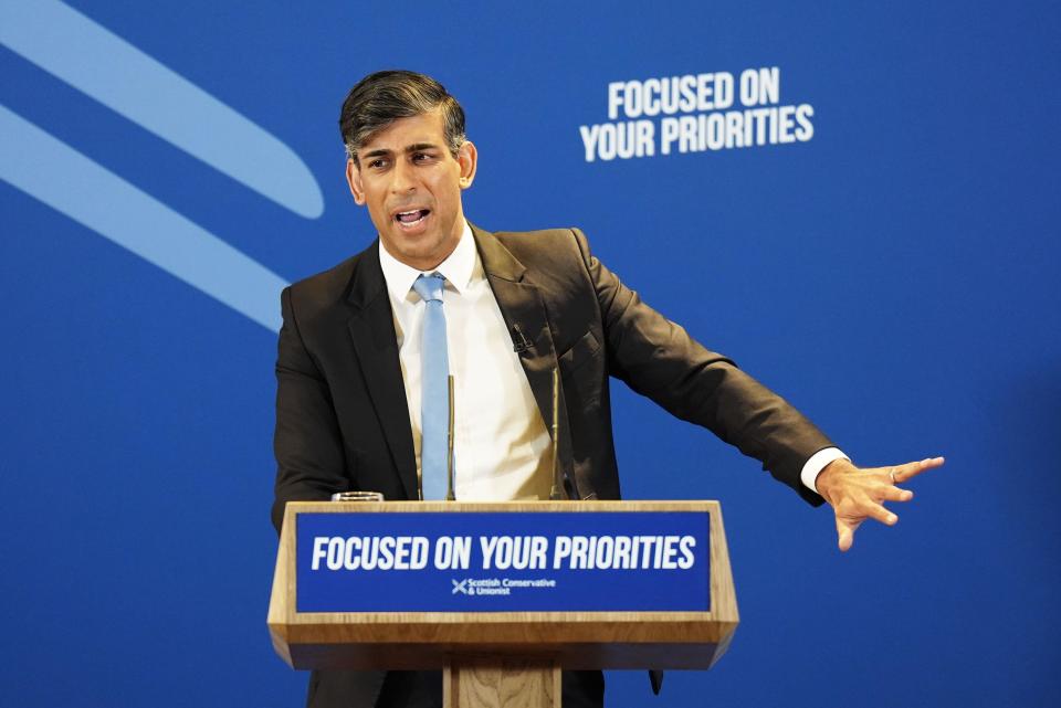 Prime Minister Rishi Sunak speaking during the launch of the Scottish Conservative party's General Election manifesto at the Apex Grassmarket Hotel in Edinburgh. Picture date: Monday June 24, 2024.